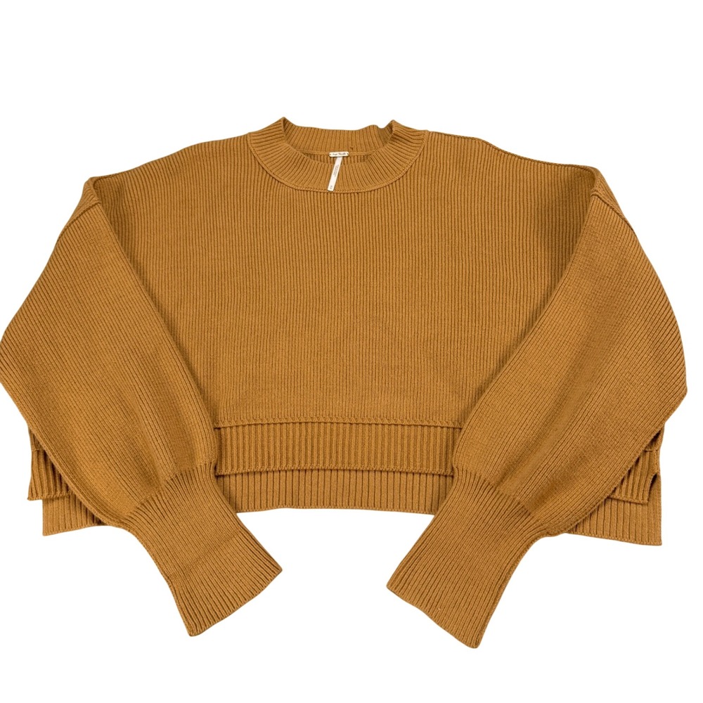 Free People Womens M Cropped Ribbed Knit Sweater Ochre Brown Balloon Sleeve Boxy